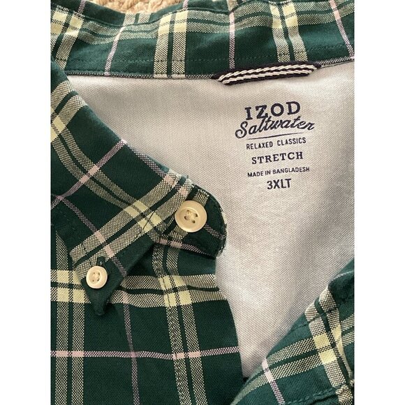 Izod Saltwater Relaxed Men's 3XLT Plaid Button Shirt Green & White - Picture 3 of 13